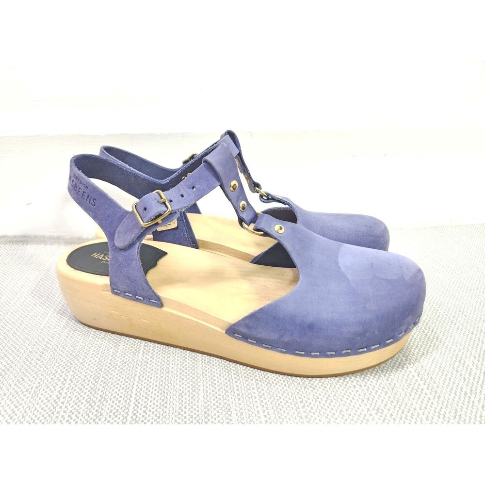 Swedish Hasbeens T-strap Sandals Size 39 Clog Slingback Blue Leather Boho